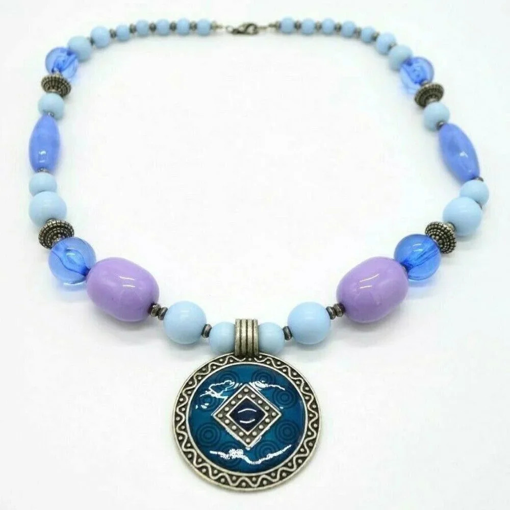 Blue Enamel Acrylic Beads Beaded Silver Tone Bohem